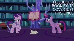 Size: 1280x720 | Tagged: safe, derpibooru import, edit, edited screencap, editor:quoterific, screencap, starlight glimmer, twilight sparkle, twilight sparkle (alicorn), alicorn, pony, unicorn, every little thing she does, season 6, book, female, image, jpeg, magic, mare, open mouth, telekinesis, twilight's castle