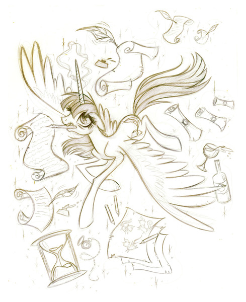 Size: 1650x2025 | Tagged: safe, artist:lauren faust, derpibooru import, oc, oc:fausticorn, unofficial characters only, alicorn, pony, 2011, alcohol, bottle, feather, female, glass, hourglass, image, jpeg, lauren faust, mare, monochrome, mouth hold, pencil, quill, scroll, simple background, sketch, solo, spread wings, wine, wings