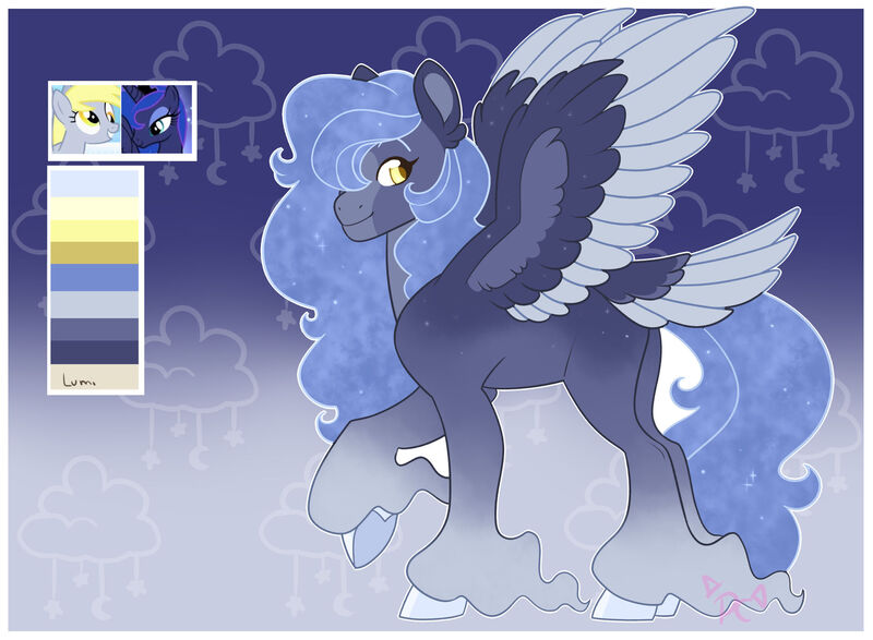 Size: 1920x1408 | Tagged: safe, artist:pinkcattle, derpibooru import, derpy hooves, princess luna, oc, pegasus, pony, color palette, ethereal mane, female, hoof fluff, image, jpeg, lesbian, long feather, lunaderp, magical lesbian spawn, offspring, parent:derpy hooves, parent:princess luna, parents:lunaderp, pegasus oc, shipping, solo, spread wings, starry mane, tail, tail feathers, unshorn fetlocks, wings