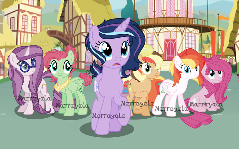 Size: 1280x799 | Tagged: safe, artist:marrayala, derpibooru import, oc, oc:alpha centauri, oc:azalea, oc:cirrus cloud, oc:eveline barrette, oc:florina pear, oc:marshmallow charm, unofficial characters only, earth pony, pegasus, pony, unicorn, base used, female, glasses, image, jpeg, mare, next generation, offspring, parent:applejack, parent:big macintosh, parent:caramel, parent:cheese sandwich, parent:fashion plate, parent:flash sentry, parent:fluttershy, parent:pinkie pie, parent:rainbow dash, parent:rarity, parent:soarin', parent:twilight sparkle, parents:carajack, parents:cheesepie, parents:flashlight, parents:fluttermac, parents:rariplate, parents:soarindash, ponyville, watermark