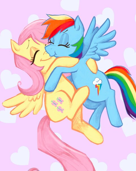 Size: 1638x2048 | Tagged: safe, artist:gamshrew, derpibooru import, fluttershy, rainbow dash, pegasus, pony, :t, abstract background, eyes closed, female, flutterdash, heart, heart background, hug, image, jpeg, kissing, lesbian, mare, shipping, smiling, spread wings, wings