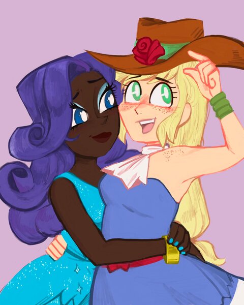 Size: 1638x2048 | Tagged: safe, artist:gamshrew, derpibooru import, applejack, rarity, human, clothes, dark skin, dress, female, freckles, humanized, image, jpeg, lesbian, rarijack, shipping, shoulder freckles, simple background, white pupils