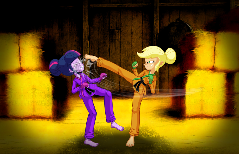 Size: 5433x3488 | Tagged: safe, artist:ponymaan, derpibooru import, applejack, twilight sparkle, equestria girls, barefoot, black belt, clothes, duo, duo female, eyes closed, feet, female, fight, fingerless gloves, freckles, gloves, gritted teeth, hay bale, high res, image, karate, karate gi, kick, png