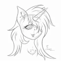 Size: 2000x2000 | Tagged: safe, artist:diamond06mlp, derpibooru import, oc, unofficial characters only, pony, unicorn, :3, :p, bust, chest fluff, ear piercing, heart eyes, high res, horn, image, jpeg, lineart, monochrome, piercing, signature, simple background, solo, tongue out, unicorn oc, white background, wingding eyes