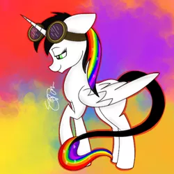 Size: 700x700 | Tagged: safe, artist:skypaw122, derpibooru import, oc, oc:lightning bliss, unofficial characters only, alicorn, pony, abstract background, female, goggles, image, mare, png, raised hoof, signature, solo
