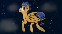 Size: 1440x801 | Tagged: safe, artist:skypaw122, derpibooru import, flash sentry, pegasus, pony, flying, image, male, png, signature, smiling, solo, stallion, wings