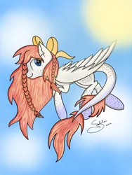 Size: 1224x1632 | Tagged: safe, artist:skypaw122, derpibooru import, oc, unofficial characters only, pegasus, pony, bow, braid, female, hair bow, image, leonine tail, mare, pegasus oc, png, signature, solo, tail, wings