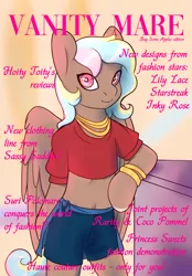 Size: 3000x4300 | Tagged: safe, artist:buy_some_apples, derpibooru import, valley glamour, oc, unofficial characters only, pegasus, semi-anthro, bracelet, clothes, fashion, image, jewelry, magazine, png, text, vanity mare