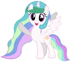 Size: 8000x6955 | Tagged: safe, artist:laszlvfx, derpibooru import, princess celestia, alicorn, pony, absurd resolution, ethereal mane, female, horn, image, long mane, mare, open mouth, open smile, png, purple eyes, simple background, smiling, solo, spread wings, standing, tail, transparent background, vector, waving, wings