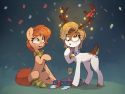 Size: 1845x1389 | Tagged: safe, artist:rexyseven, derpibooru import, oc, oc:rusty gears, oc:sofiko, unofficial characters only, deer, earth pony, pony, bell, bell collar, bow, christmas, christmas lights, clothes, collar, confetti, deer oc, holiday, image, png, present, scarf, smiling, socks, striped scarf, striped socks