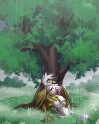 Size: 739x924 | Tagged: safe, artist:its-gloomy, derpibooru import, gilda, oc, oc:graciella, gryphon, flower, hug, image, png, rain, scenery, tree