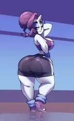 Size: 900x1472 | Tagged: suggestive, artist:bigdad, derpibooru import, rarity, human, alternate hairstyle, anklet, arm behind head, bedroom eyes, big breasts, boobs and butt pose, bracelet, breasts, busty rarity, butt, clothes, female, gym shorts, hand on hip, horn, horned humanization, huge breasts, huge butt, humanized, image, jewelry, jpeg, large butt, looking at you, looking back, looking back at you, rearity, rear view, solo, solo female, sports bra, the ass was fat, thighs, thunder thighs, wide hips