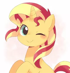 Size: 1260x1321 | Tagged: safe, artist:arrow__root, derpibooru import, sunset shimmer, pony, unicorn, blushing, cute, female, image, jpeg, mare, one eye closed, shimmerbetes, solo, wink