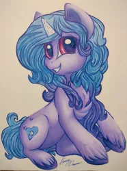 Size: 761x1024 | Tagged: safe, artist:gleamydreams, derpibooru import, izzy moonbow, pony, unicorn, g5, image, jpeg, looking at you, signature, sitting, smiling, smiling at you, traditional art