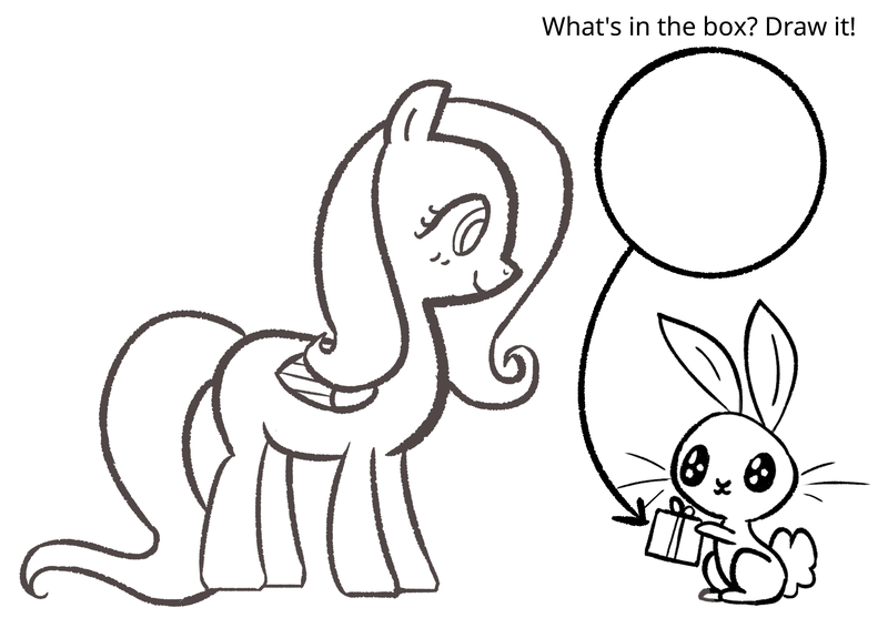 Size: 4092x2893 | Tagged: safe, artist:duckchip, derpibooru import, angel bunny, fluttershy, rabbit, angel, animal, arrow, birthday, birthday gift, bunny ears, coloring, coloring book, coloring page, image, monochrome, png, solo