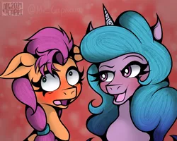 Size: 3750x3000 | Tagged: safe, artist:mrcapriccio, derpibooru import, izzy moonbow, sunny starscout, earth pony, pony, unicorn, abstract background, blushing, braid, female, g5, high res, horn, image, jpeg, looking at someone, mare, open, surprised
