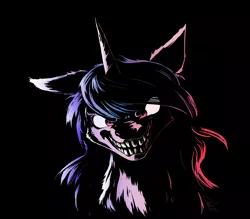 Size: 4000x3500 | Tagged: safe, artist:zoarvek, derpibooru import, izzy moonbow, pony, unicorn, black background, blank flank, chest fluff, creepy, evil grin, eye clipping through hair, female, g5, grin, gritted teeth, high res, image, looking at you, mare, nightmare fuel, png, scary face, simple background, smiling, smiling at you, solo