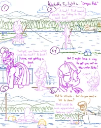 Size: 4779x6013 | Tagged: safe, artist:adorkabletwilightandfriends, derpibooru import, spike, twilight sparkle, twilight sparkle (alicorn), oc, oc:gray, alicorn, bird, dragon, pony, comic:adorkable twilight and friends, adorkable, adorkable twilight, boat, butt, comic, cute, dork, female, fishing, fishing rod, floating, forest, funny, humor, idea, image, inflatable, kitchen, lunchbox, mare, mountain, nature, outdoors, plot, png, scenery, sitting, swimming, tree, water, water wings, wish