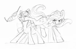 Size: 1802x1178 | Tagged: safe, artist:jaestring, derpibooru import, fluttershy, moondancer, pegasus, pony, unicorn, duo, duo female, female, fight, glasses, image, kicking, one eye closed, pencil, png, sketch