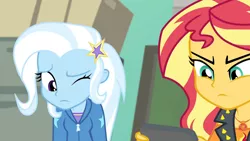 Size: 3410x1920 | Tagged: safe, derpibooru import, screencap, sunset shimmer, trixie, equestria girls, equestria girls series, forgotten friendship, clothes, cutie mark, cutie mark on clothes, female, geode of empathy, hairpin, high res, hoodie, image, jacket, jewelry, jpeg, leather, leather jacket, magical geodes, necklace, one eye closed