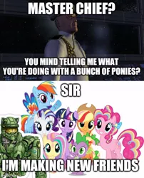 Size: 500x618 | Tagged: safe, derpibooru import, applejack, fluttershy, pinkie pie, rainbow dash, rarity, spike, twilight sparkle, twilight sparkle (alicorn), alicorn, halo (series), image, jpeg, mane seven, mane six, master chief, meme, rainbow power