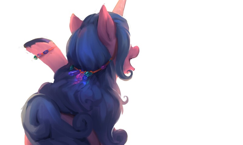 Size: 1935x1161 | Tagged: safe, artist:luciferamon, derpibooru import, izzy moonbow, pony, unicorn, my little pony: a new generation, crystal, facing away, female, g5, image, jewelry, jpeg, mare, necklace, open mouth, rear view, solo