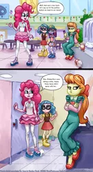Size: 1500x2749 | Tagged: safe, artist:smudge proof, derpibooru import, kimberlite, megan williams, pinkie pie, technicolor waves, equestria girls, bathroom stall, canterlot mall, comic, commission, image, implied pooping, mall, png, public bathroom, public restroom, public toilet, sitting, sketch, toilet stall