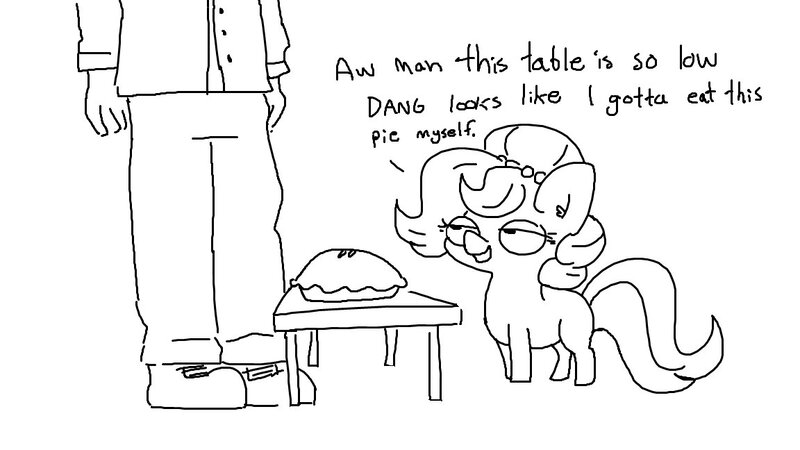 Size: 1152x648 | Tagged: safe, artist:tjpones, derpibooru import, oc, oc:brownie bun, oc:richard, unofficial characters only, earth pony, human, pony, horse wife, black and white, duo, female, food, grayscale, head out of frame, image, jpeg, lidded eyes, male, mare, monochrome, ms paint, pie, simple background, white background