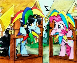 Size: 3124x2557 | Tagged: safe, artist:liaaqila, derpibooru import, pinkie pie, earth pony, pony, unicorn, dimlight, duo, hat, horn, horn ring, image, jester hat, jester pie, jewelry, jpeg, music notes, ponyville, ring, stocks, traditional art