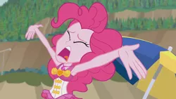 Size: 3410x1920 | Tagged: safe, derpibooru import, screencap, pinkie pie, equestria girls, equestria girls series, x marks the spot, armpits, clothes, eyes closed, female, geode of sugar bombs, high res, image, jewelry, jpeg, magical geodes, necklace, one-piece swimsuit, open mouth, solo, swimsuit