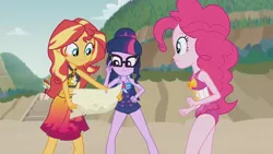 Size: 3410x1920 | Tagged: safe, derpibooru import, screencap, pinkie pie, sci-twi, sunset shimmer, twilight sparkle, equestria girls, equestria girls series, x marks the spot, beach, belly button, clothes, cutie mark, cutie mark on clothes, female, geode of empathy, geode of sugar bombs, geode of telekinesis, glasses, high res, image, jewelry, jpeg, magical geodes, necklace, one-piece swimsuit, ponytail, sarong, smiling, swimsuit
