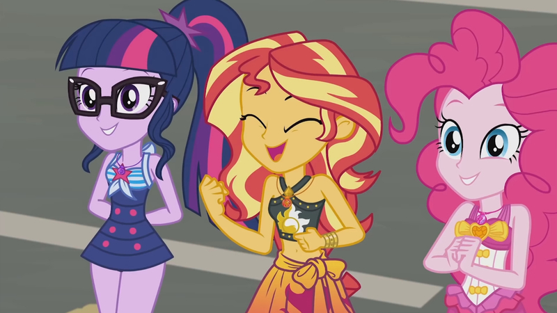 Size: 3410x1920 | Tagged: safe, derpibooru import, screencap, pinkie pie, sci-twi, sunset shimmer, twilight sparkle, equestria girls, equestria girls series, x marks the spot, beach, belly button, clothes, cute, cutie mark, cutie mark on clothes, diapinkes, eyes closed, female, geode of empathy, geode of sugar bombs, geode of telekinesis, glasses, hand behind back, high res, image, jewelry, jpeg, magical geodes, necklace, one-piece swimsuit, ponytail, sarong, shimmerbetes, smiling, swimsuit, twiabetes