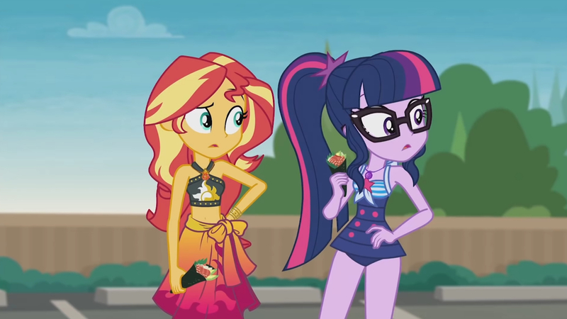 Size: 3410x1920 | Tagged: safe, derpibooru import, screencap, sci-twi, sunset shimmer, twilight sparkle, equestria girls, equestria girls series, x marks the spot, beach, belly button, clothes, cutie mark, cutie mark on clothes, female, food, geode of empathy, geode of telekinesis, glasses, hand on hip, high res, image, jewelry, jpeg, magical geodes, necklace, one-piece swimsuit, open mouth, ponytail, sarong, sushi, swimsuit