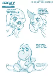 Size: 960x1371 | Tagged: safe, artist:jcosneverexisted, derpibooru import, fluttershy, princess ember, dragon, pegasus, pony, yoshi, sweet and smoky, crossover, cute, dialogue, female, image, jpeg, male, mare, season 9 doodles, text