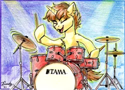 Size: 2036x1464 | Tagged: safe, artist:dandy, derpibooru import, oc, oc:drummershy, unofficial characters only, pony, unicorn, colored pencil drawing, drum kit, drums, fog, image, male, musical instrument, png, raffle prize, solo, spotlight, traditional art