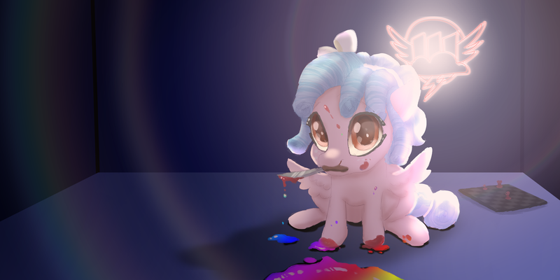 Size: 3000x1500 | Tagged: semi-grimdark, artist:shaslan, derpibooru import, cozy glow, pegasus, pony, fanfic:rainbow factory, blood, fanfic art, female, filly, high res, image, knife, mouth hold, png, solo