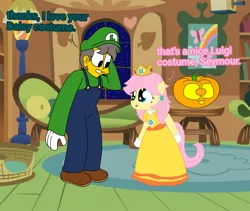 Size: 2607x2203 | Tagged: safe, artist:haileykitty69, derpibooru import, fluttershy, human, pegasus, bipedal, clothes, crossover, crossover shipping, dress, fluttermour, fluttershy's cottage, halloween, holiday, image, jack-o-lantern, luigi, nightmare night, overalls, png, princess daisy, pumpkin, seymour skinner, shipping, the simpsons