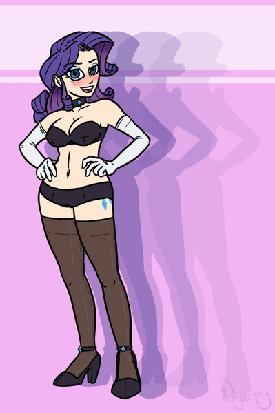 Size: 562x846 | Tagged: suggestive, artist:nyerpy, derpibooru import, rarity, human, blushing, bra, clothes, cutie mark on human, high heels, humanized, image, panties, png, shoes, socks, thigh highs, underwear