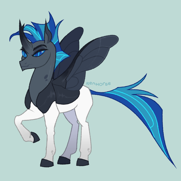 Size: 2000x2000 | Tagged: safe, artist:renhorse, derpibooru import, oc, oc:alate, changepony, hybrid, blue background, image, interspecies offspring, male, offspring, parent:queen chrysalis, parent:shining armor, parents:shining chrysalis, png, simple background, solo