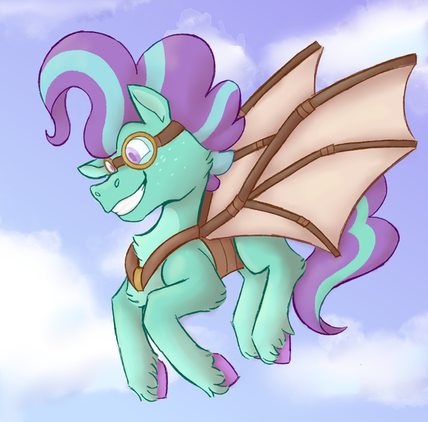 Size: 1840x1813 | Tagged: safe, artist:apatheticxaddict, derpibooru import, idw, wind sock, earth pony, pony, spoiler:comic, spoiler:comic81, artificial wings, augmented, chest fluff, colored hooves, colored pupils, flying, glider, goggles, image, male, mechanical wing, png, solo, stallion, unshorn fetlocks, wings