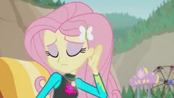 Size: 3410x1920 | Tagged: safe, derpibooru import, screencap, fluttershy, aww... baby turtles, equestria girls, equestria girls series, beach, clothes, eyes closed, female, geode of fauna, hairpin, high res, image, jewelry, jpeg, magical geodes, necklace, solo, swimsuit