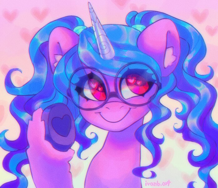 Size: 2048x1762 | Tagged: safe, artist:p0nyplanet, derpibooru import, izzy moonbow, pony, unicorn, spoiler:g5, abstract background, alternate hairstyle, c:, colored pupils, cute, ear fluff, female, g5, glasses, heart, heart eyes, heart hoof, image, izzybetes, jpeg, looking at you, mare, pigtails, smiling, solo, twintails, underhoof, unshorn fetlocks, wingding eyes