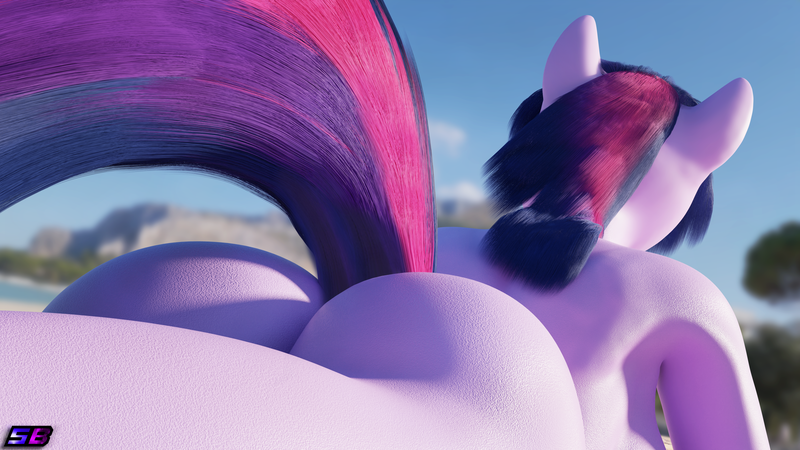 Size: 3840x2160 | Tagged: questionable, artist:shadowboltsfm, derpibooru import, twilight sparkle, anthro, plantigrade anthro, 3d, 4k, ass, beach, blender, breasts, butt, butt focus, facing away, female, image, lying down, not sfm, nudity, png, prone, rear view, sexy, twibutt