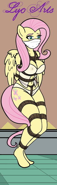 Size: 439x1405 | Tagged: questionable, artist:linedraweer, derpibooru import, fluttershy, anthro, pegasus, unguligrade anthro, arm behind back, babydoll lingerie, bdsm, bondage, bound and gagged, bra, breasts, busty fluttershy, clothes, cloth gag, commission, crotch rope, erect nipples, female, femsub, gag, hands behind back, high res, image, lingerie, nipple outline, panties, png, rope, rope bondage, shibari, submissive, tied up, underwear, wings, ych result, your character here