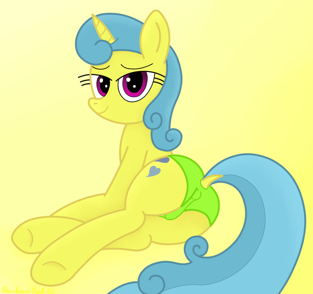 Size: 3208x3016 | Tagged: questionable, artist:rainbowšpekgs, derpibooru import, lemon hearts, pony, unicorn, background pony, bedroom eyes, butt, cameltoe, clothes, female, gradient background, image, looking at you, lying, mare, panties, png, rear view, show accurate, solo, underwear