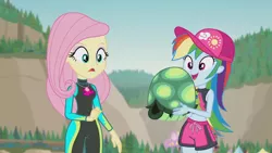 Size: 3410x1920 | Tagged: safe, derpibooru import, screencap, fluttershy, rainbow dash, tank, tortoise, aww... baby turtles, equestria girls, equestria girls series, belly button, female, geode of fauna, geode of super speed, high res, image, jewelry, jpeg, magical geodes, male, necklace, open mouth