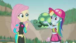 Size: 3410x1920 | Tagged: safe, derpibooru import, screencap, fluttershy, rainbow dash, tank, tortoise, aww... baby turtles, equestria girls, equestria girls series, belly button, female, geode of fauna, grin, high res, image, jewelry, jpeg, magical geodes, male, necklace, smiling