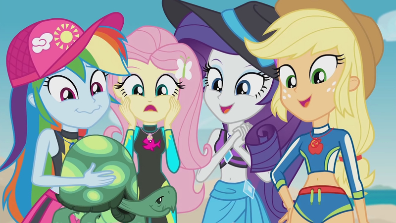 Size: 3410x1920 | Tagged: safe, derpibooru import, screencap, applejack, fluttershy, rainbow dash, rarity, tank, tortoise, aww... baby turtles, equestria girls, equestria girls series, applejack's hat, beach, belly button, clothes, cowboy hat, female, geode of fauna, geode of shielding, geode of super speed, geode of super strength, hairpin, hat, high res, image, jpeg, magical geodes, male, open mouth, swimsuit