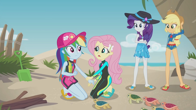 Size: 3410x1920 | Tagged: safe, derpibooru import, screencap, applejack, fluttershy, rainbow dash, rarity, aww... baby turtles, equestria girls, equestria girls series, applejack's hat, beach, belly button, clothes, cowboy hat, female, geode of fauna, geode of shielding, geode of super speed, geode of super strength, hairpin, hat, high res, image, jpeg, magical geodes, open mouth, sandals, sea turtle, swimsuit