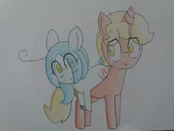 Size: 2064x1548 | Tagged: safe, artist:cherro, derpibooru import, oc, oc:flask, oc:mal, unofficial characters only, earth pony, pony, unicorn, image, jpeg, oc x oc, shipping, traditional art